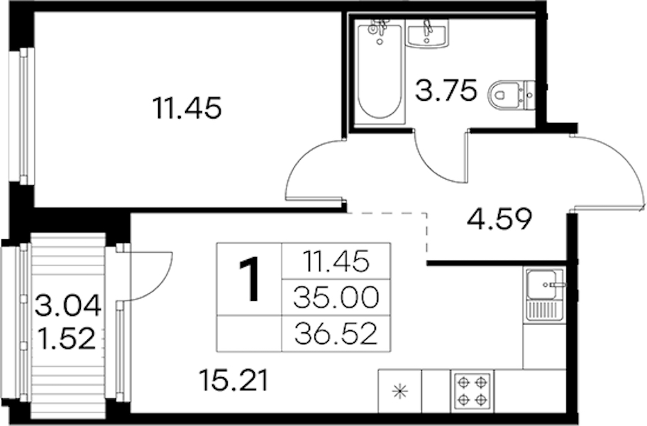 1-комнатная квартира 36.52 м², 12/15 эт., ЖК «GloraX Парголово»